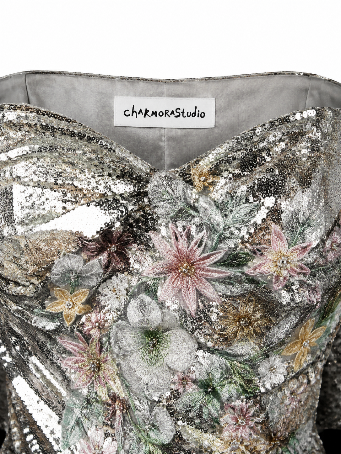 Silver Nocturne Bow Sequin Gown
